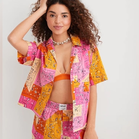 aerie Other - NWT Aerie Poplin Cotton Novelty Paisley Patchwork Button Front Pajama PJ Top XS